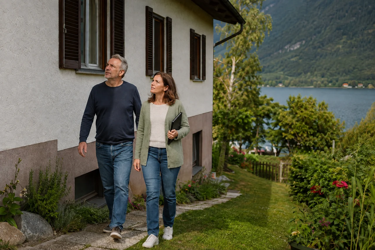 Hauseigentümer und leger gekleidete Beraterin betrachten Fassade, Garten und Seeumfeld