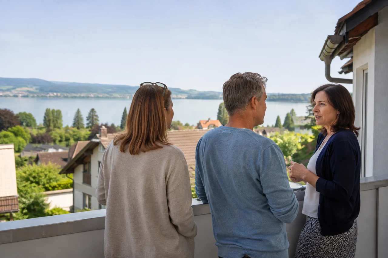 Eigentümerpaar und leger gekleidete Beraterin betrachten von einer Terrasse das Seeumfeld